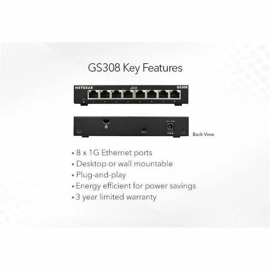 NETGEAR GS308 8-Port Gigabit Ethernet Unmanaged Switch; black, desktop or wall-mountable
