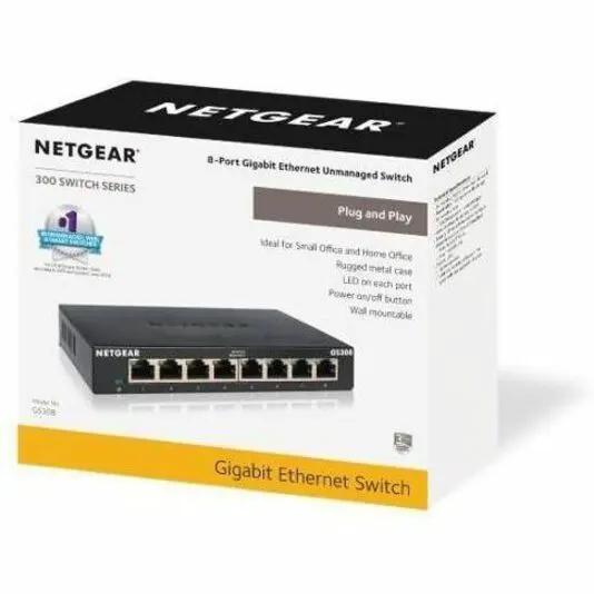 NETGEAR GS308 8-Port Gigabit Unmanaged Switch on its white packaging box.
