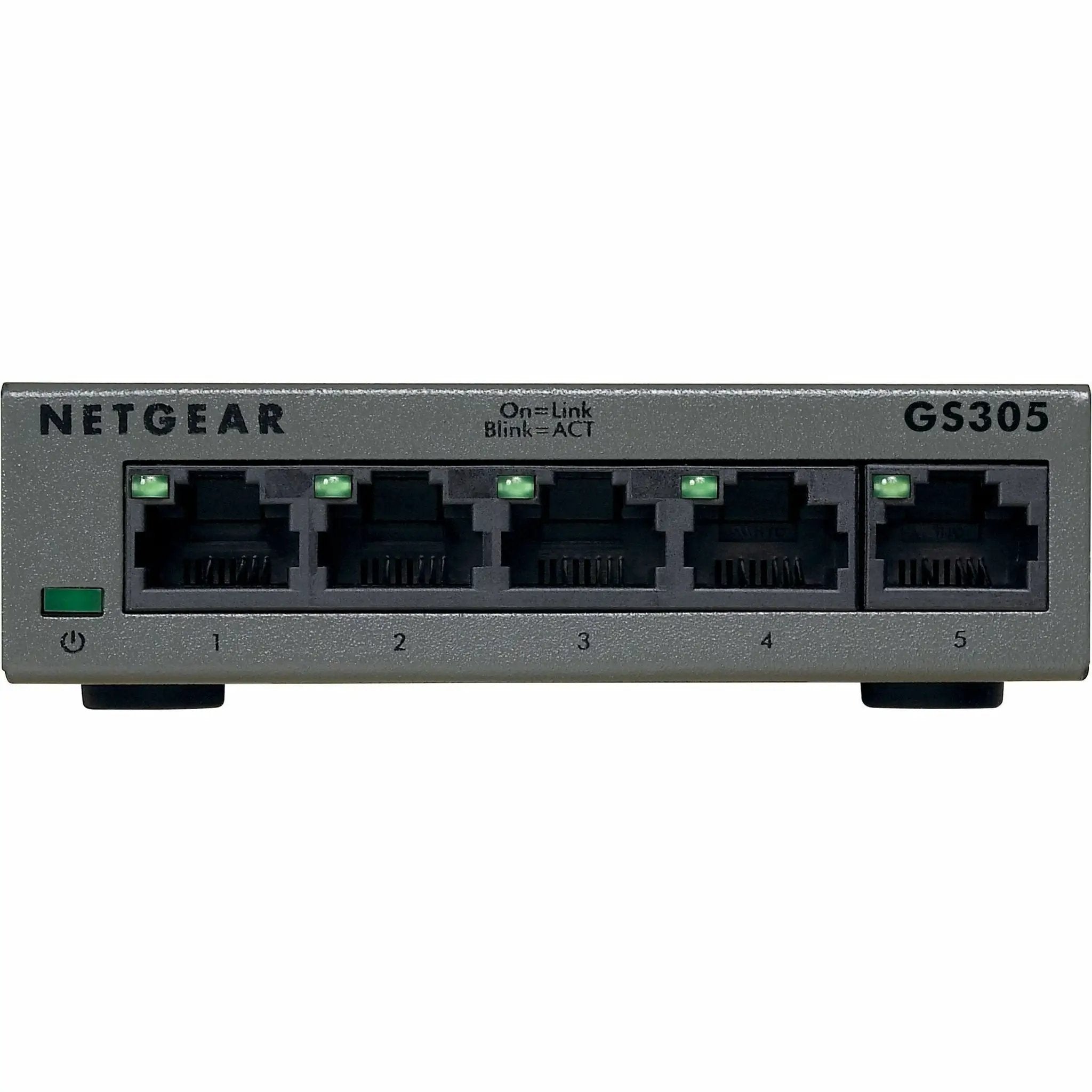 NETGEAR GS305 5-Port Gigabit Unmanaged Switch, gray metal chassis with green status LEDs