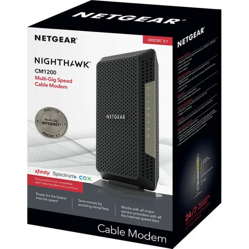 NETGEAR Nighthawk CM1200 cable modem in branded box; black device with green LED indicators