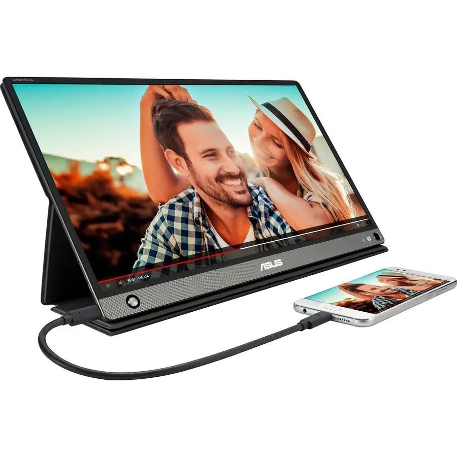 ASUS ZenScreen GO MB16AHP 15.6-inch portable monitor with a smartphone connected, black