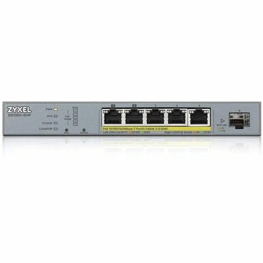 Zyxel Nebula GS1350 5-Port Gigabit PoE SFP managed switch, gray metal chassis with PoE ports and SFP uplink
