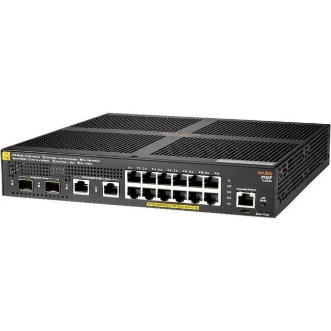 Aruba 2930F 12G PoE+ switch, black rack-mountable Ethernet switch.