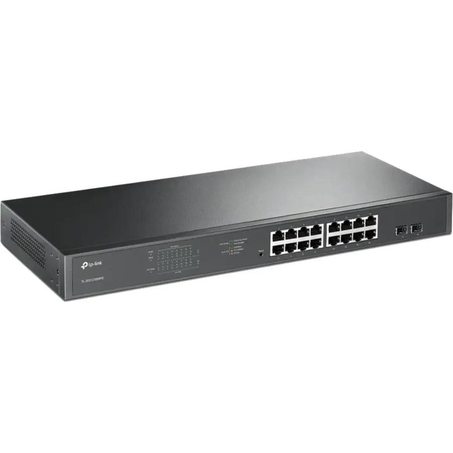 TP-Link JetStream TL-SG1218MPE 16-port gigabit PoE+ switch in a gray metal enclosure
