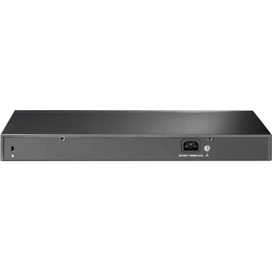 TP-Link JetStream TL-SG1218MPE 16-port Gigabit PoE+ switch, metal enclosure, rear panel power input.