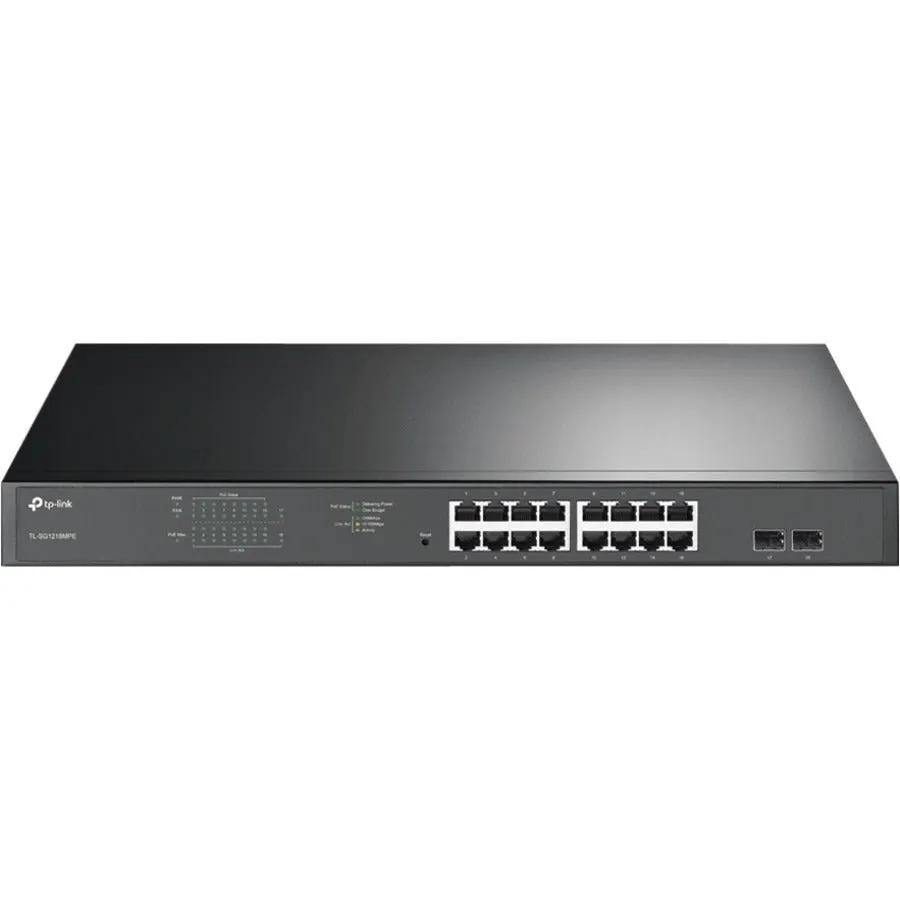 TP-Link JetStream TL-SG1218MPE 16-port Gigabit PoE+ switch, black metal front with 16 Ethernet ports.
