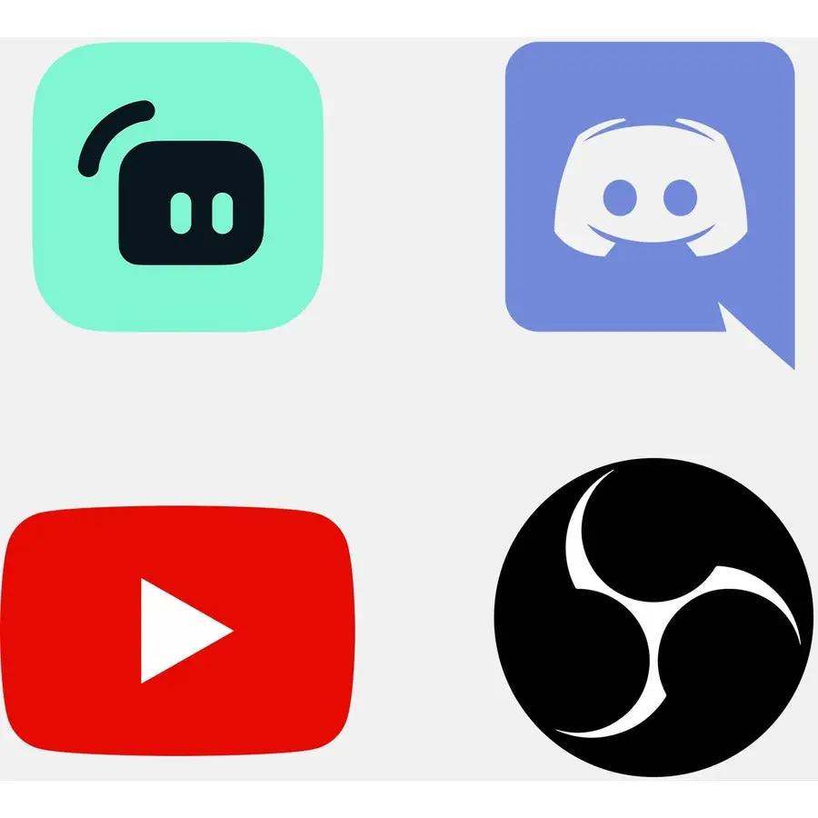 Stream Cam Plus Graphite webcam; grid of app logos including YouTube, Discord, OBS, and a mint-green icon.