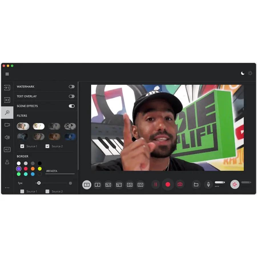 Stream Cam Plus Graphite webcam in a dark streaming software interface showing a man on screen