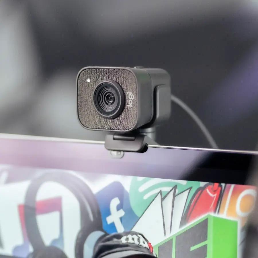 Stream Cam Plus Graphite webcam by Logitech mounted on a monitor