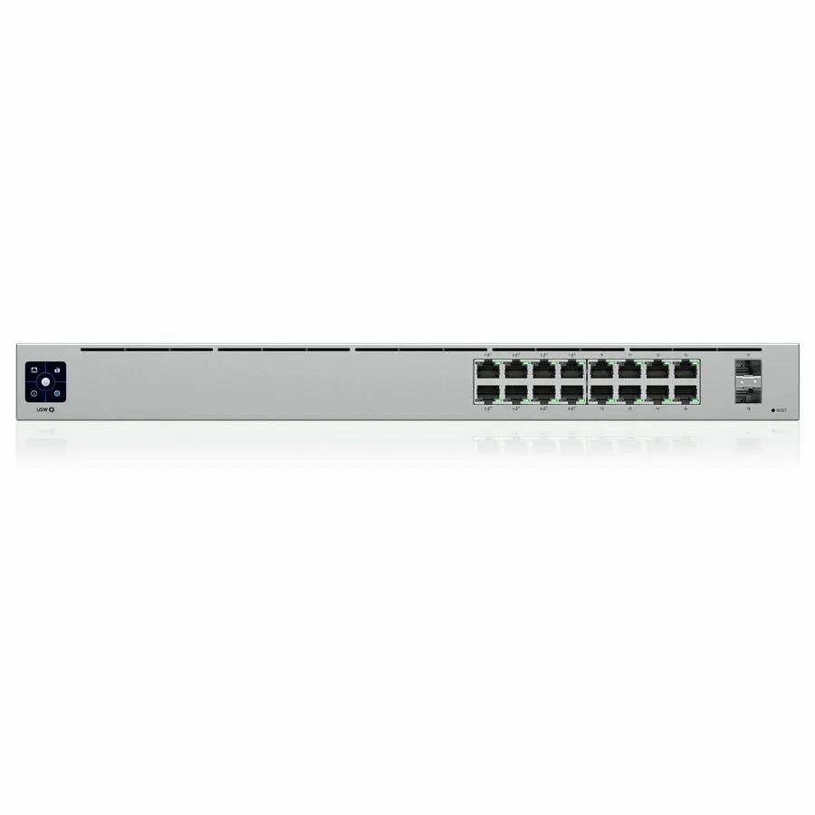 Ubiquiti UniFi USW 16-Port PoE SFP managed switch; silver chassis with 16 Ethernet ports