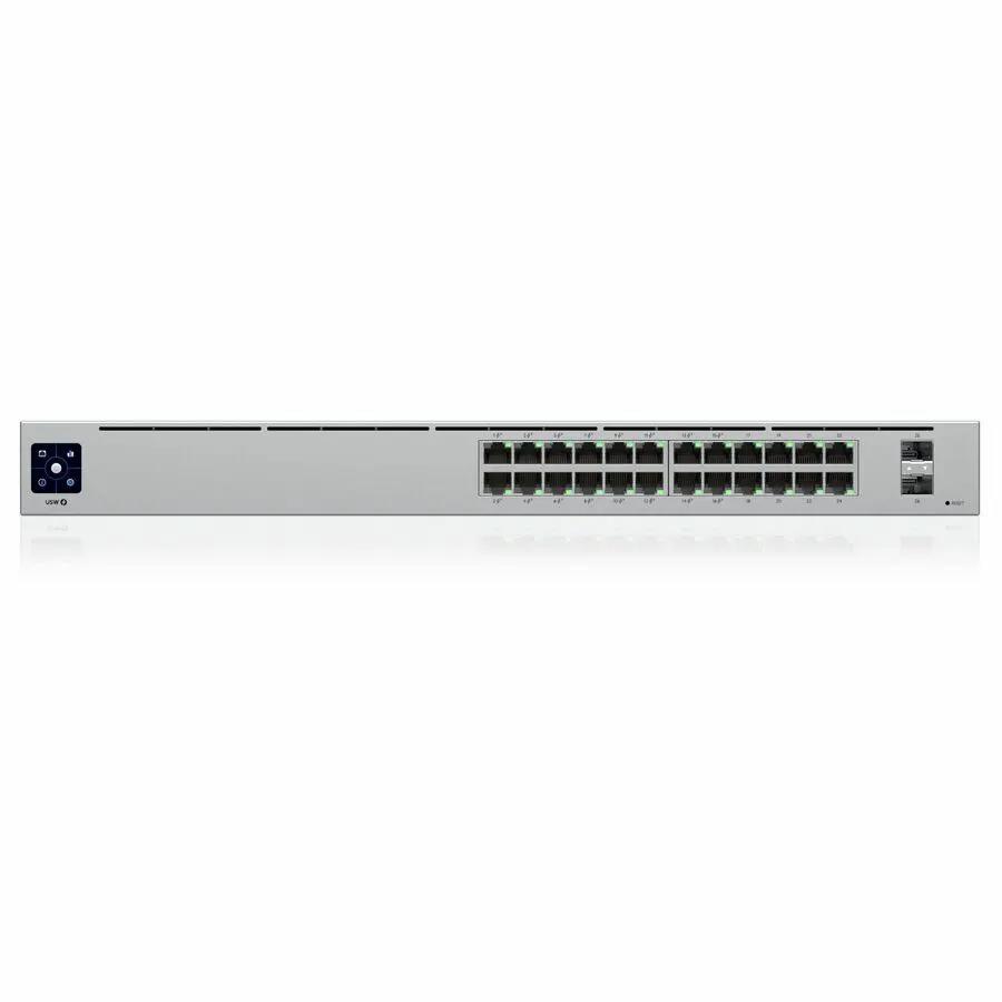 Ubiquiti UniFi USW 24-Port Gigabit PoE SFP Switch, front view in silver chassis