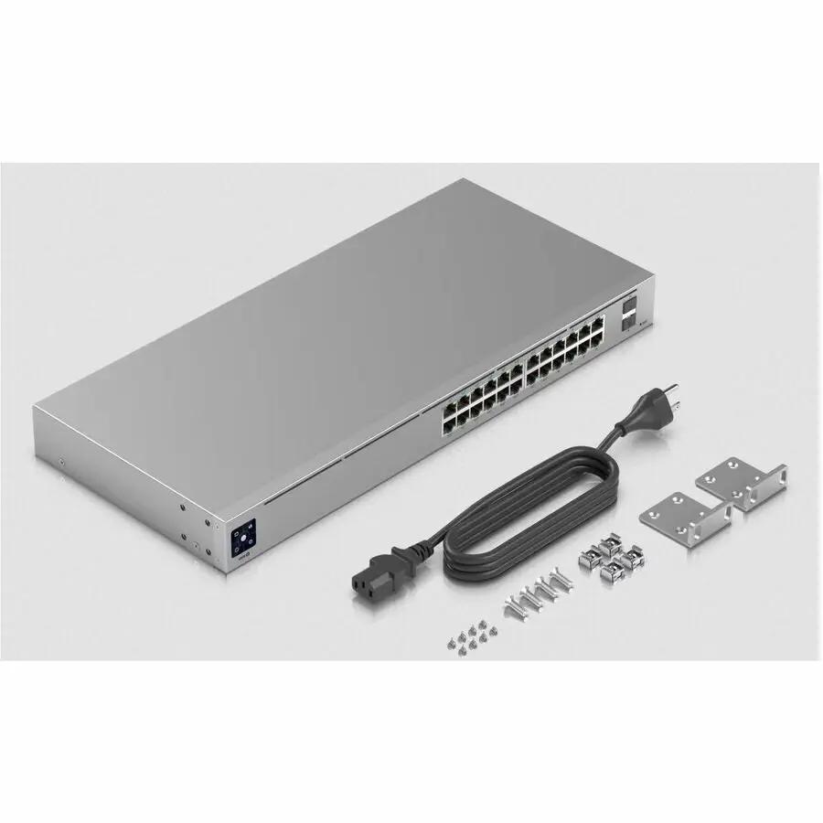 Ubiquiti UniFi USW 24-Port Gigabit PoE Switch in metallic silver with power cord, 2 mounting brackets and screws