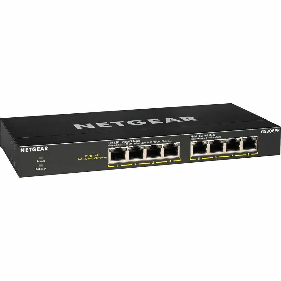 NETGEAR GS308PP 8-Port Gigabit PoE+ unmanaged switch, black metal chassis with LED indicators