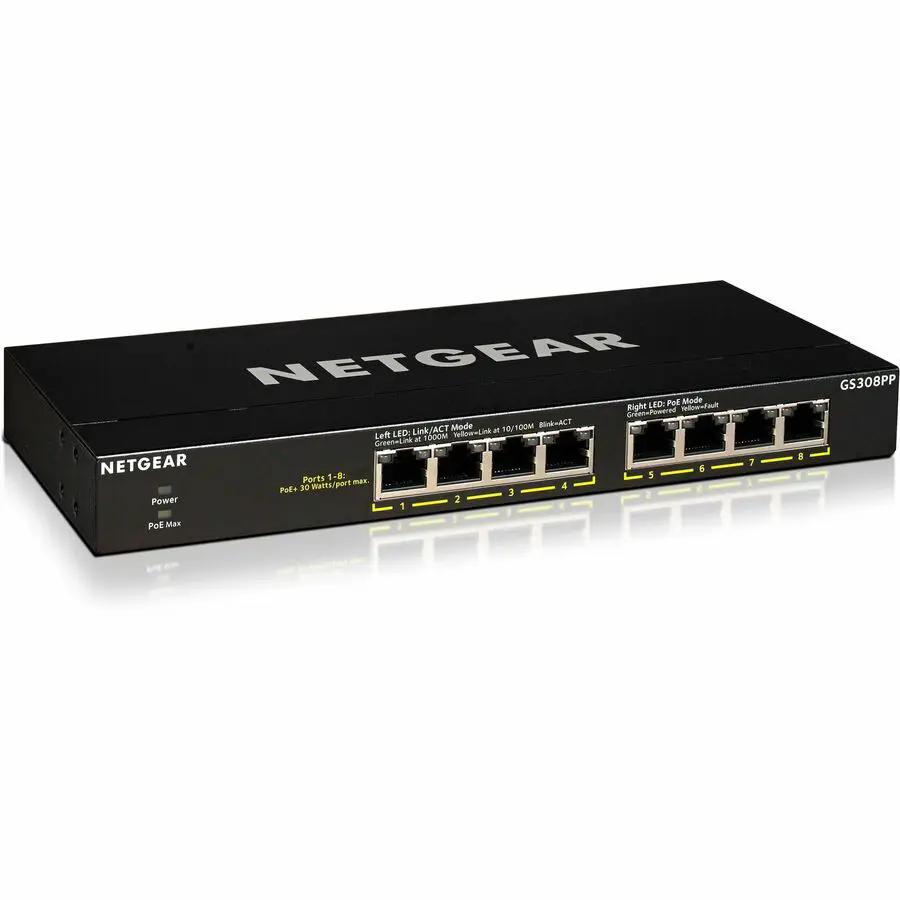 NETGEAR GS308PP 8-Port Gigabit PoE+ unmanaged switch, black metal enclosure with NETGEAR branding and eight ports