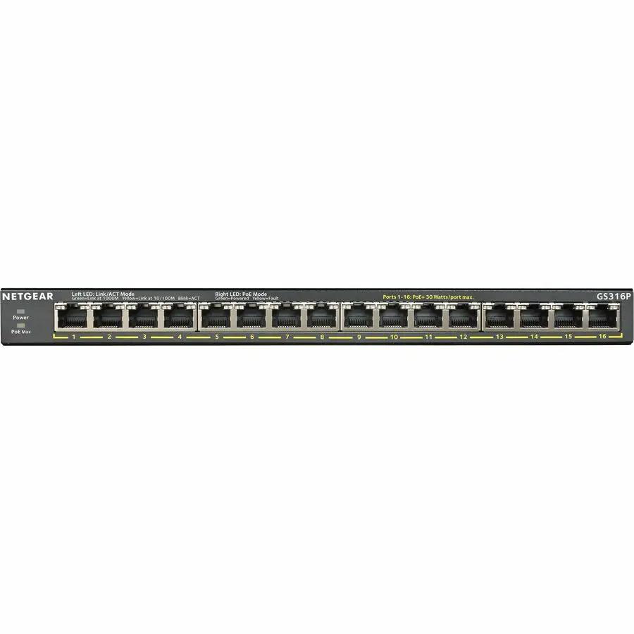NETGEAR GS316P 16-Port Gigabit PoE Unmanaged Switch, black.