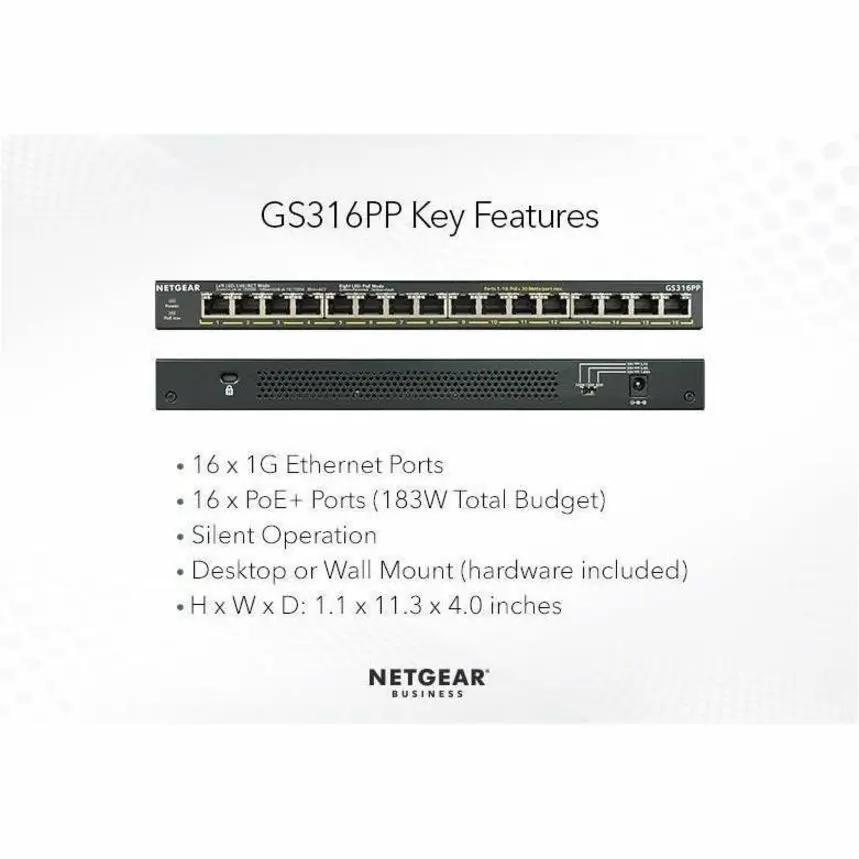 Netgear GS316PP 16-Port Gigabit PoE+ Switch, NETGEAR Business, desktop or wall-mount