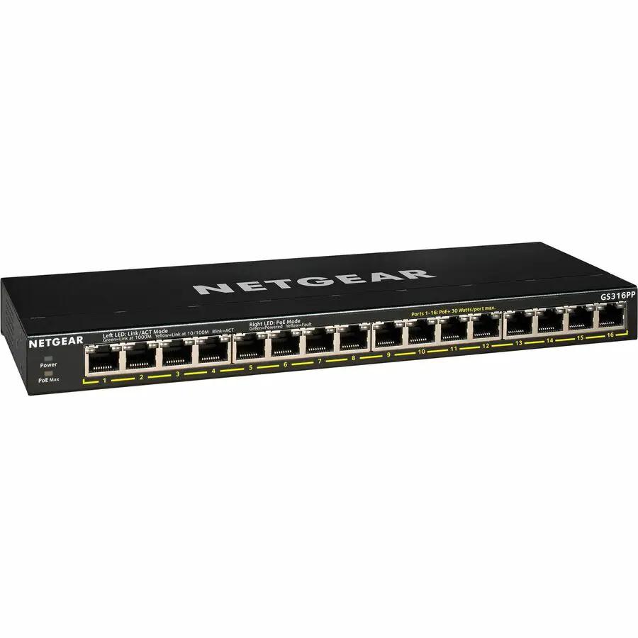 NETGEAR GS316PP 16-Port Gigabit PoE Switch, black metal chassis
