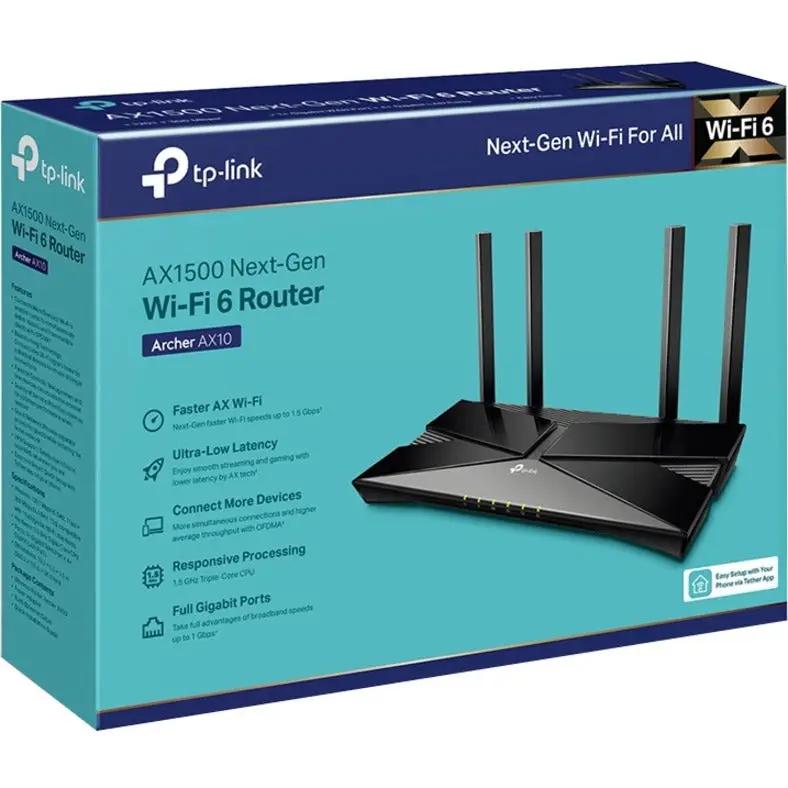 TP-Link Archer AX10 4-Port Wi‑Fi 6 router packaging box on display