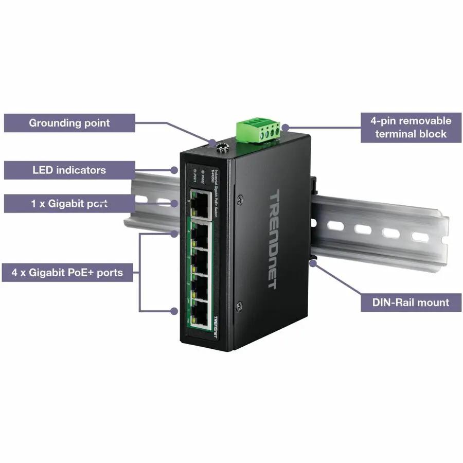 TRENDnet TI-PG50 5-Port Gigabit PoE+ Unmanaged Industrial Switch on a DIN Rail