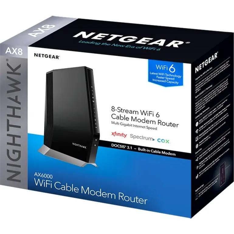 Netgear Nighthawk AX6000 WiFi 6 cable modem router on a blue and white box