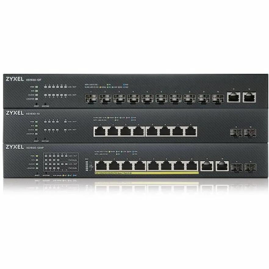 ZYXEL Nebula XS1930 8-Port SFP+ Managed Switches, 3-unit stack in dark gray.
