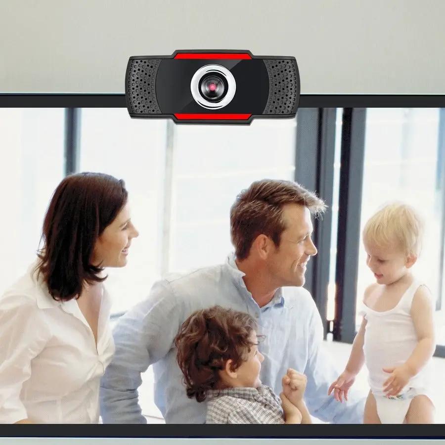 Adesso CyberTrack H3 webcam on monitor, black with red accents