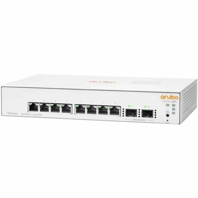HPE Instant On 1930 8-Port Gigabit SFP Managed Switch, white front view with 8 RJ-45 ports and 2 SFP ports