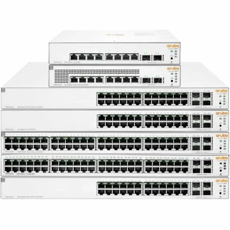 Stack of seven HPE Aruba Instant On 1930 8-Port Gigabit SFP managed switches on a white background.