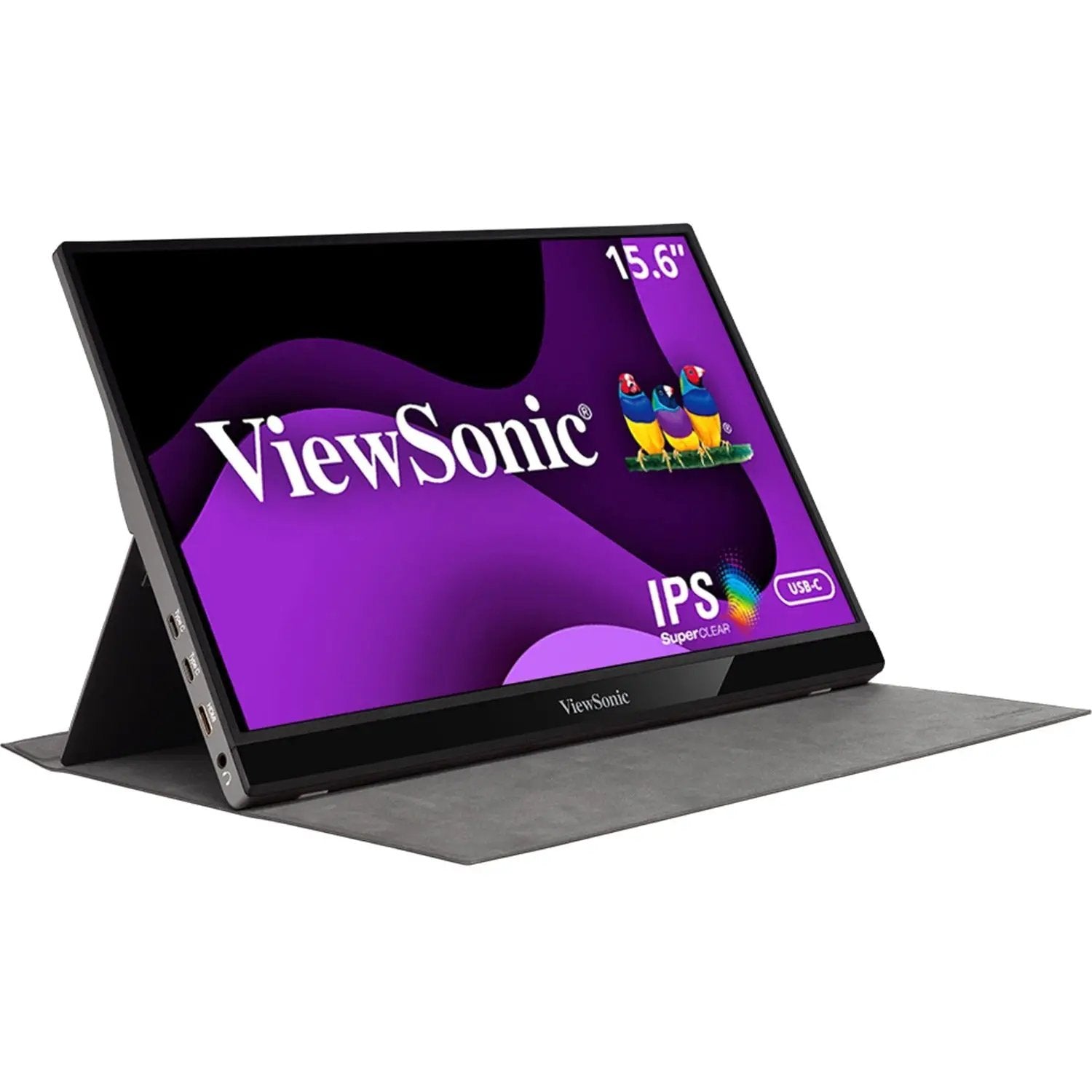 ViewSonic VG1655 15.6-inch IPS portable monitor on a gray desk with built-in stand and smart cover