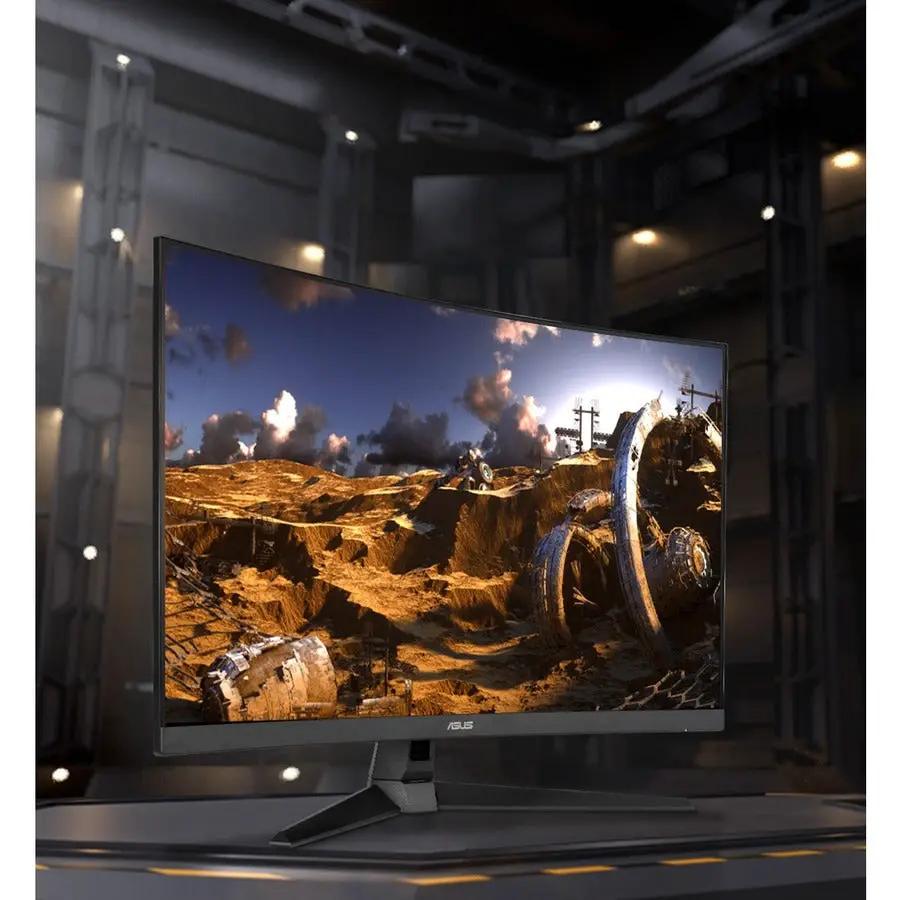 ASUS TUF VG32VQ1B 32-inch curved WQHD gaming monitor on a stand with a black bezel
