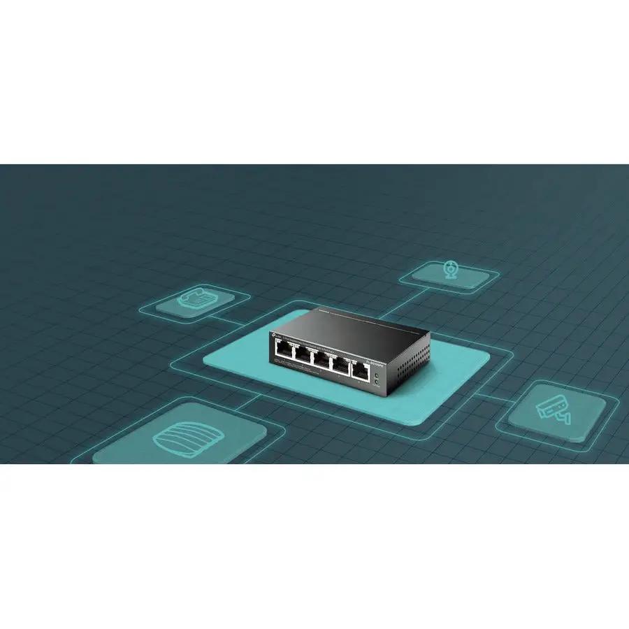 TP-Link TL-SG105PE 5-Port Gigabit PoE+ Switch on blue grid diagram background, black metal enclosure.