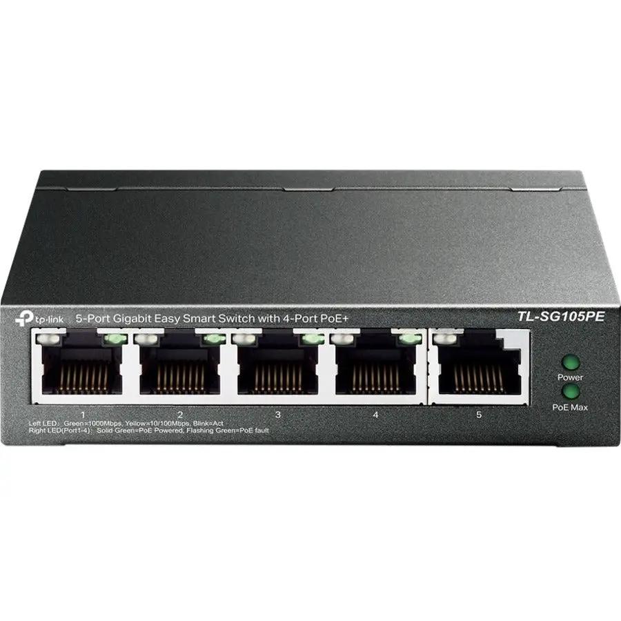 TP-Link TL-SG105PE 5-Port Gigabit PoE+ Switch, front view with 5 RJ-45 ports