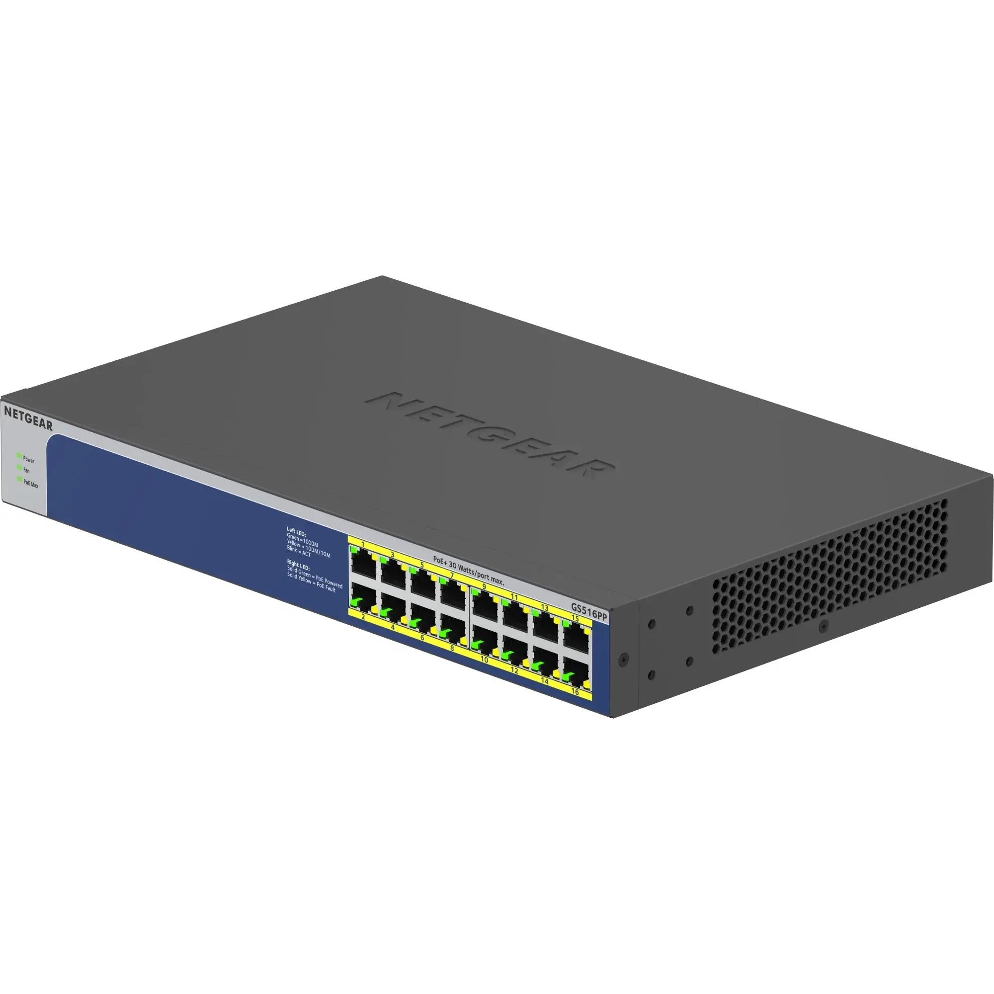 NETGEAR ProSAFE GS516PP 16-port Gigabit PoE+ unmanaged switch with gray metal chassis