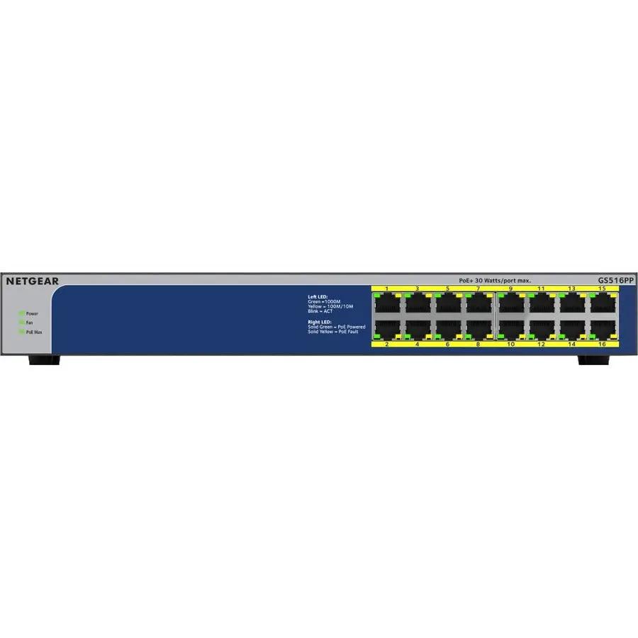 NETGEAR ProSAFE GS516PP 16-port Gigabit PoE+ unmanaged switch, blue front panel