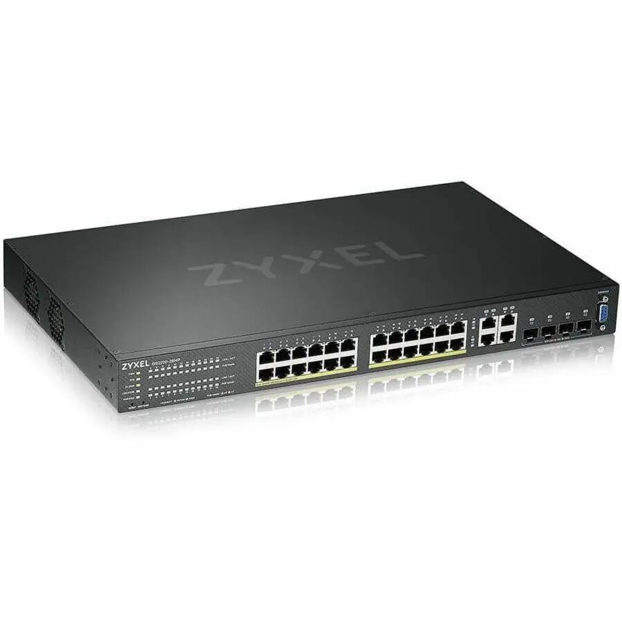 Zyxel Nebula GS2220 28-Port Gigabit PoE+ SFP managed switch in black metal chassis