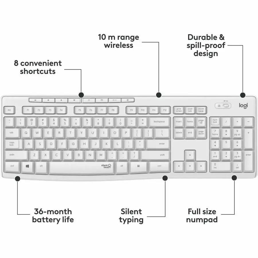 Logitech MK295 Silent Wireless Mouse & Keyboard Combo with SilentTouch Technology, Full Numpad, Off-white