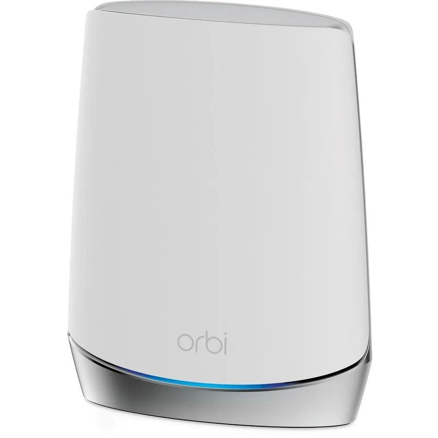 Netgear Orbi WiFi 6 router, white, tall curved design with blue LED ring at base.