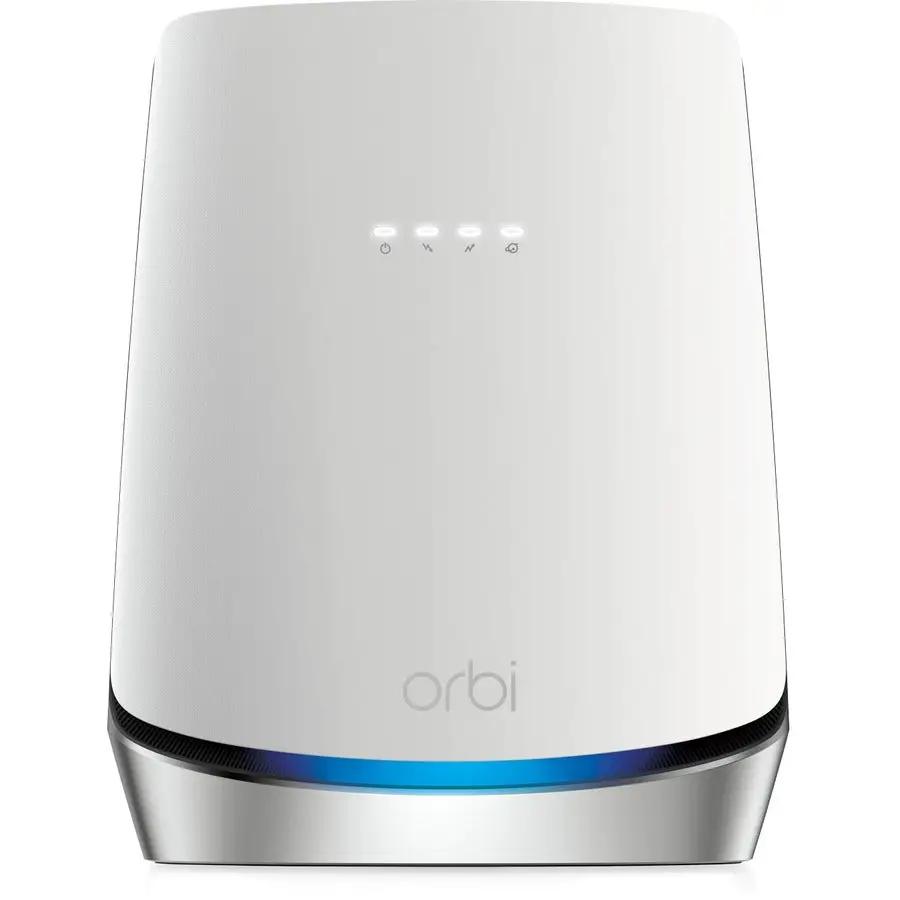Netgear Orbi WiFi6 router, white device with top LED indicators.