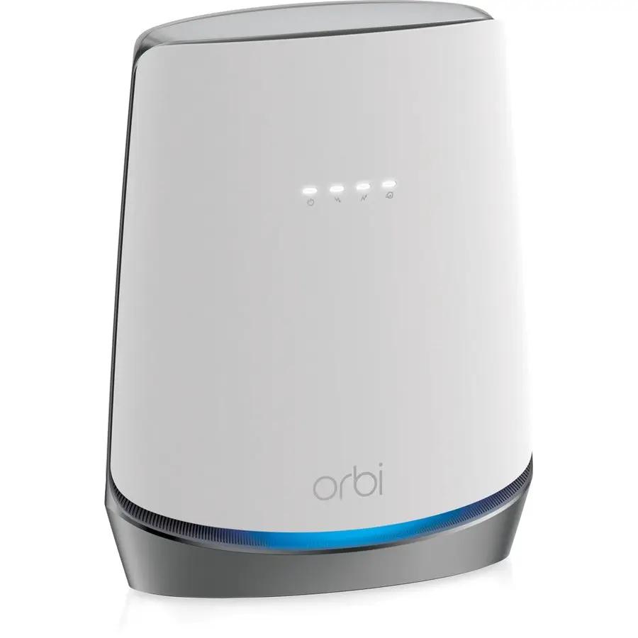Netgear Orbi WiFi6 router, white tower with blue LED ring and front indicators.