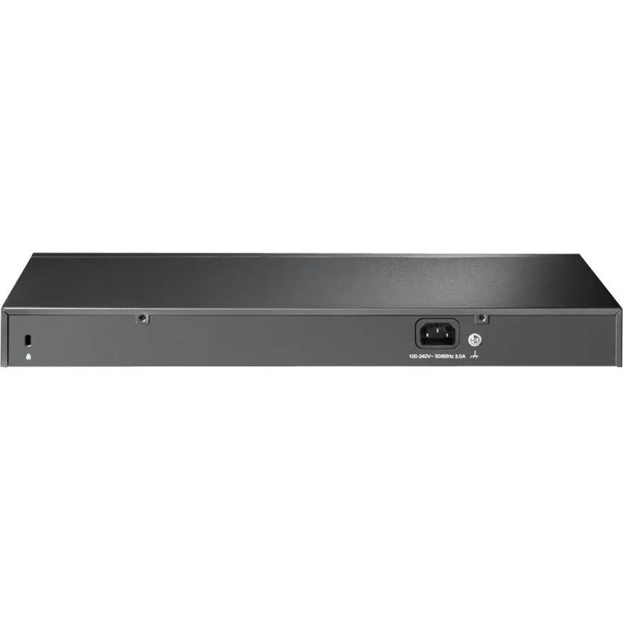 TP-Link JetStream TL-SG1428PE 28-Port Gigabit PoE+ managed switch, black metal chassis, rear view
