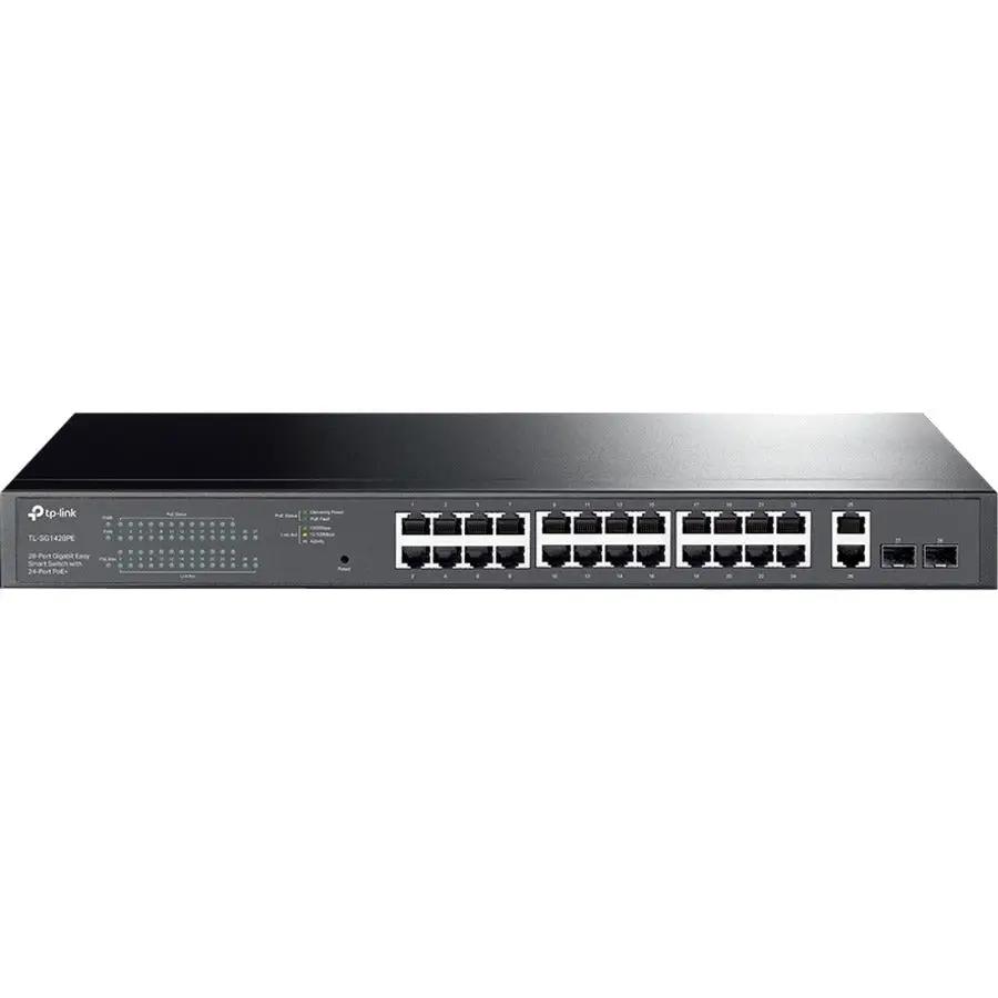 TP-Link JetStream TL-SG1428PE 28-Port Gigabit PoE+ managed switch front view, black.