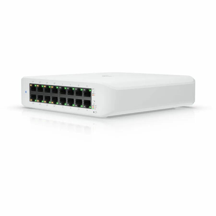 Ubiquiti UniFi USW-Lite-16-PoE 16-port Gigabit PoE switch, white with front LED indicators