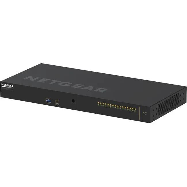 Netgear AV Line M4250-16XF 16x1G/10G SFP+ managed switch, black chassis with USB port and 16 SFP+ ports