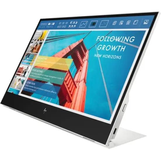 HP E14 G4 14-inch portable monitor, silver, 1080p FHD on a stand.