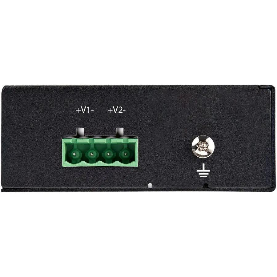StarTech Industrial 5-Port Gigabit PoE Unmanaged Switch, black enclosure with green 4-pin terminal block and ground.