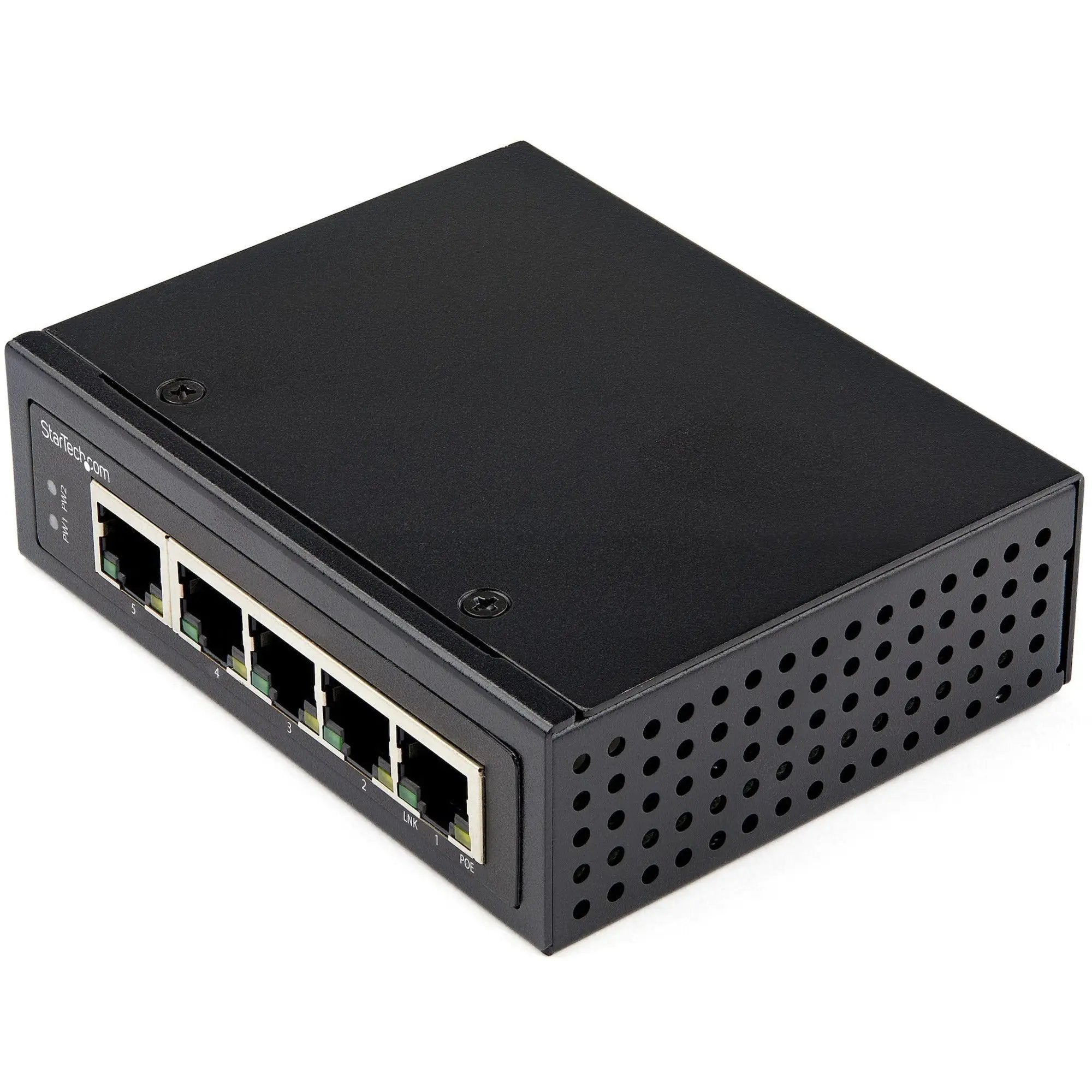 StarTech Industrial 5-Port Gigabit PoE Unmanaged Switch, black metal enclosure with front-panel RJ-45 PoE ports