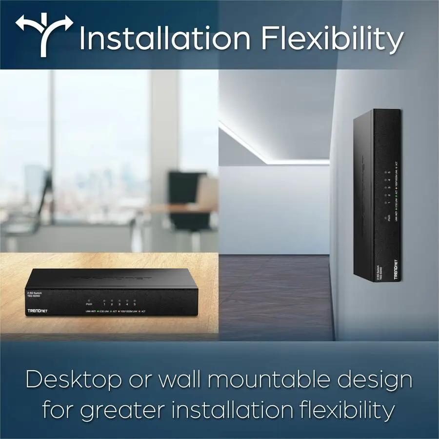 TRENDnet TEG-S350 5-Port 2.5G Unmanaged Switch; two black devices for desktop or wall-mount installation.