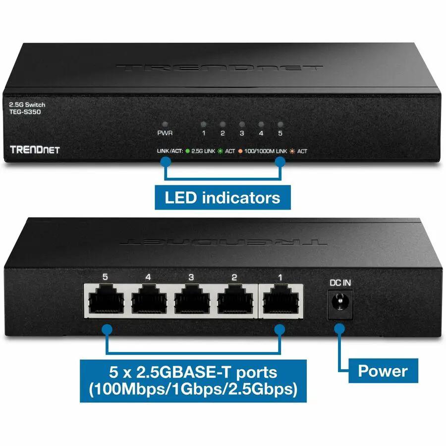 TRENDnet TEG-S350 5-Port 2.5G unmanaged switch, black with front LEDs and 5x 2.5GBASE-T ports.