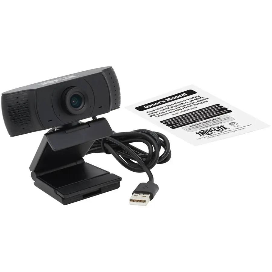 Tripp Lite USB webcam with microphone on adjustable stand; includes USB cable and owner's manual.