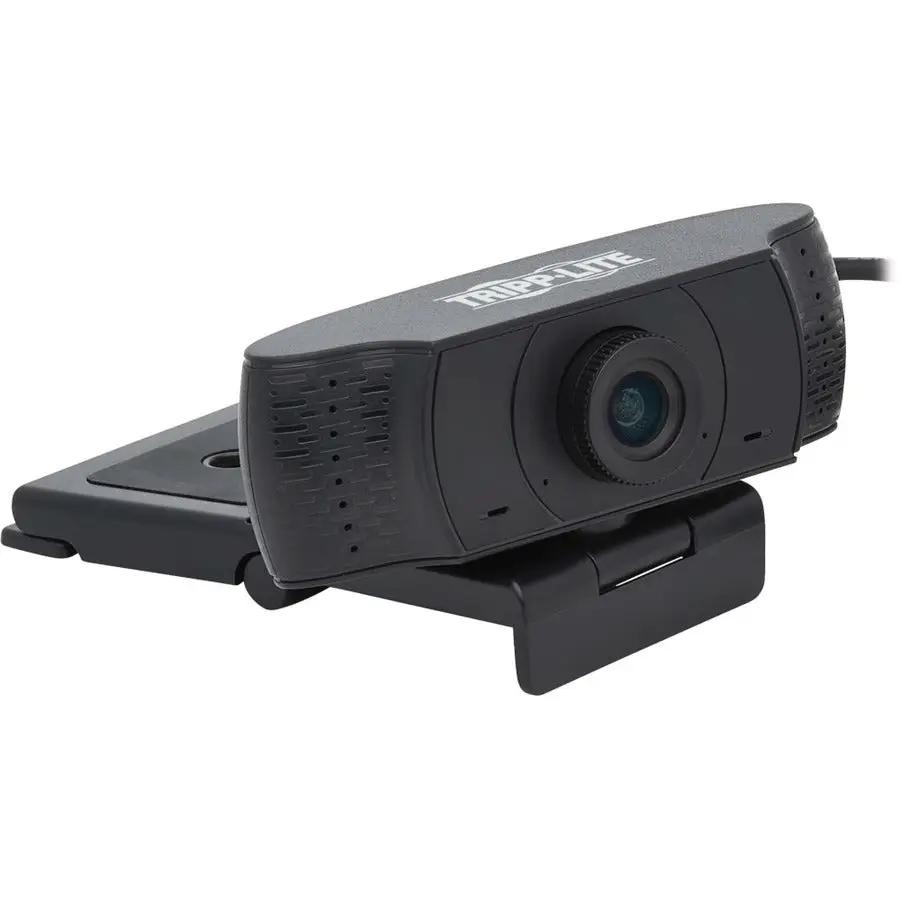 USB webcam with microphone, black, Tripp Lite brand, mounted on a fold-out clip stand.